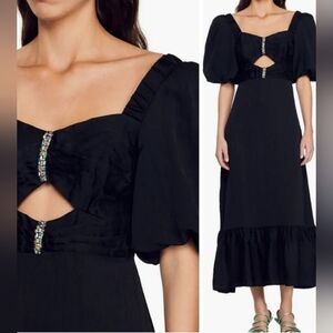 Sandro Paris Falbala Rhinestone Embellished Cutout Black Midi Dress